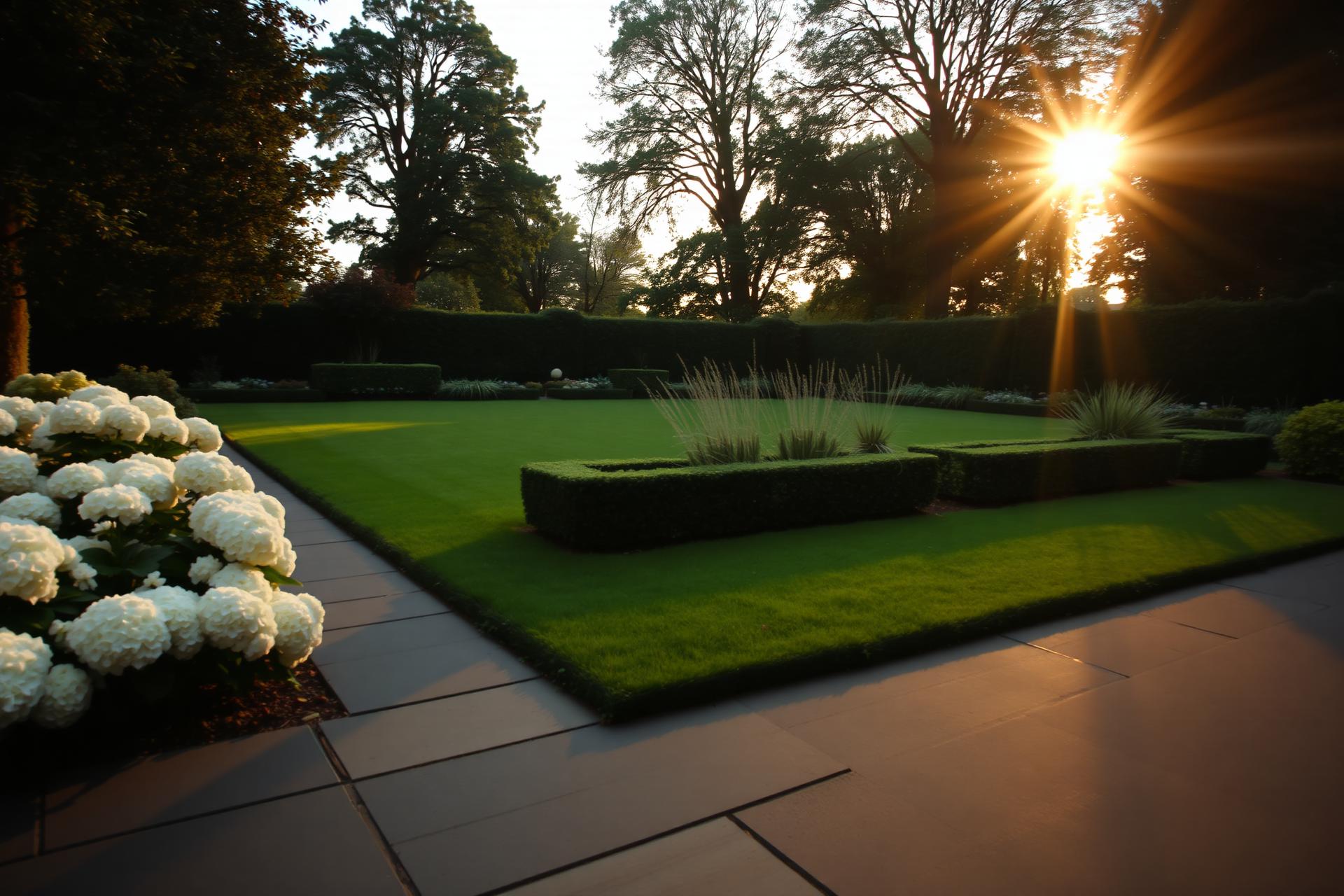 A professionally constructed outdoor patio and garden space at golden hour